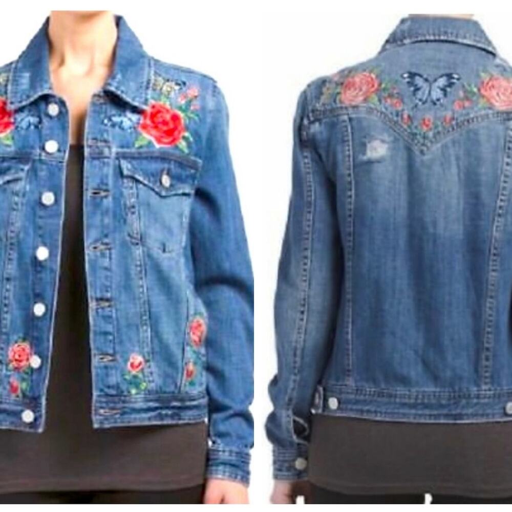 Blank NYC Floral Rose Butterfly Embroidered Distressed Denim Jean Jacket✨️XS - Picture 7 of 16